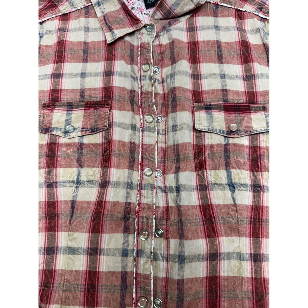 Rue21 Womens XL Red Tan Plaid Western Snap Front Frayed Hem Cotton Shirt - Picture 3 of 9